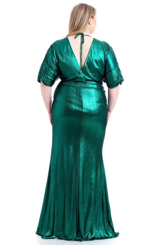 Metallic Shirring Shoulder Dress