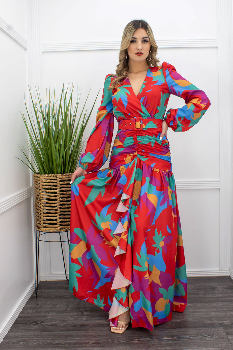 Floral Long Sleeve Ruffle Belted Maxi Dress
