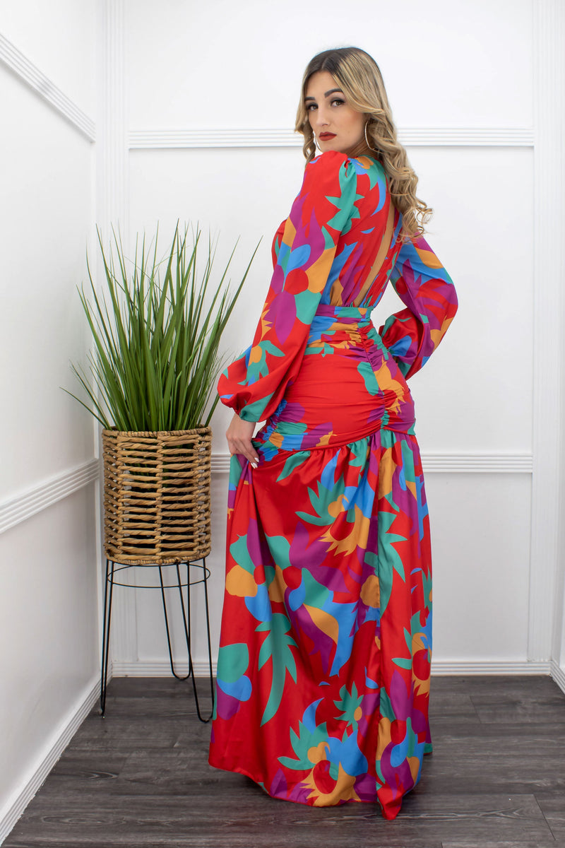Floral Long Sleeve Ruffle Belted Maxi Dress