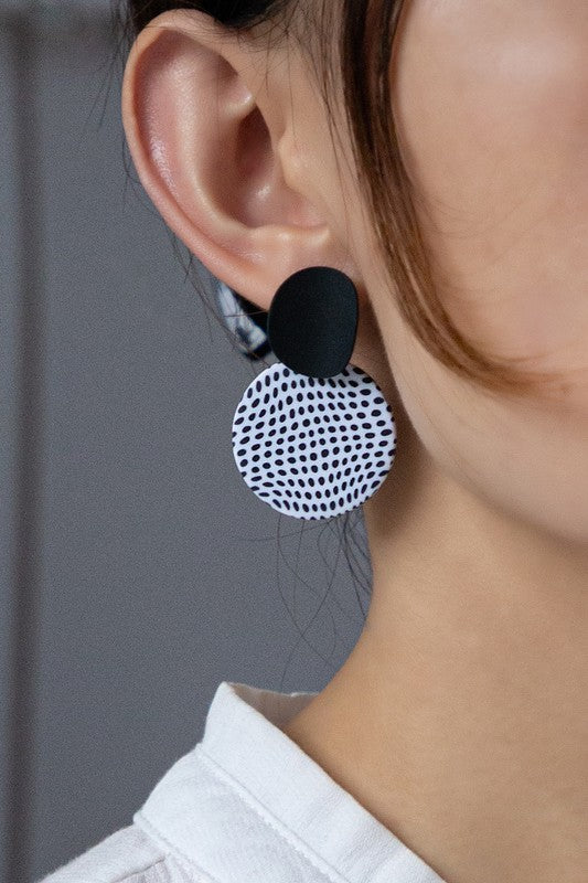 Polymer clay black and white dotted circle drop earrings