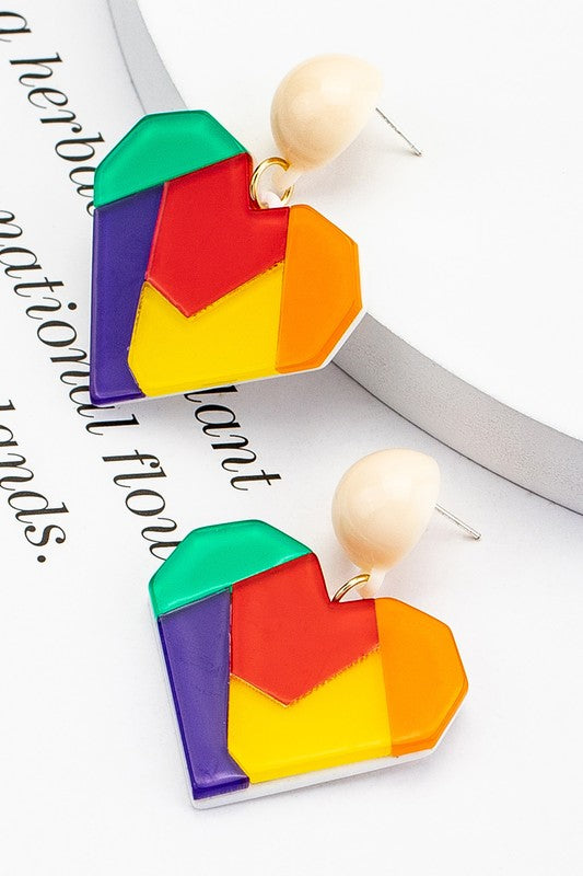 multi-color blocked heart shape drop earrings