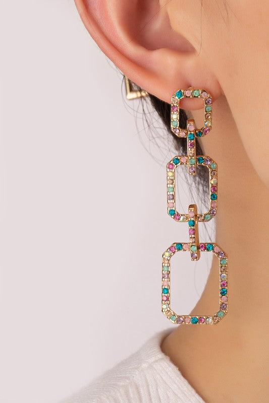 MULTI PASTEL COLOR RHINESTONE PAVED LINKED RECTANGULAR HOOPS EARRINGS