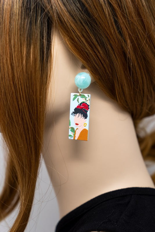 teal rectangle shape acrylic drop earrings with woman's portrait