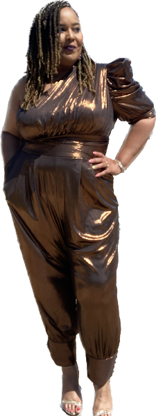 Metallic Gold One Shoulder Puff Sleeve Jumpsuit accentuates the waist with a thick ruched waistband. Jumpsuit features slash pockets at the hips Size: 3X