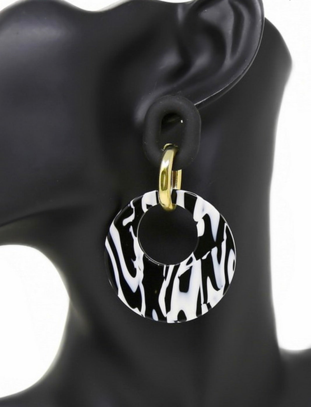 Black and White Animal Print Resin Hoop Drop Earrings