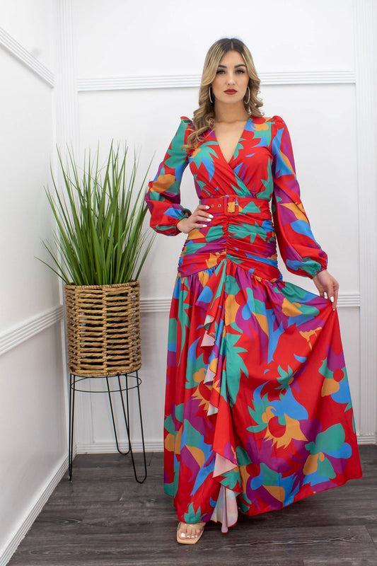 Floral Long Sleeve Ruffle Belted Maxi Dress