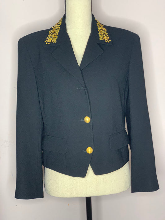 Black Long Sleeve Blazer with Gold Accent Collar and Buttons