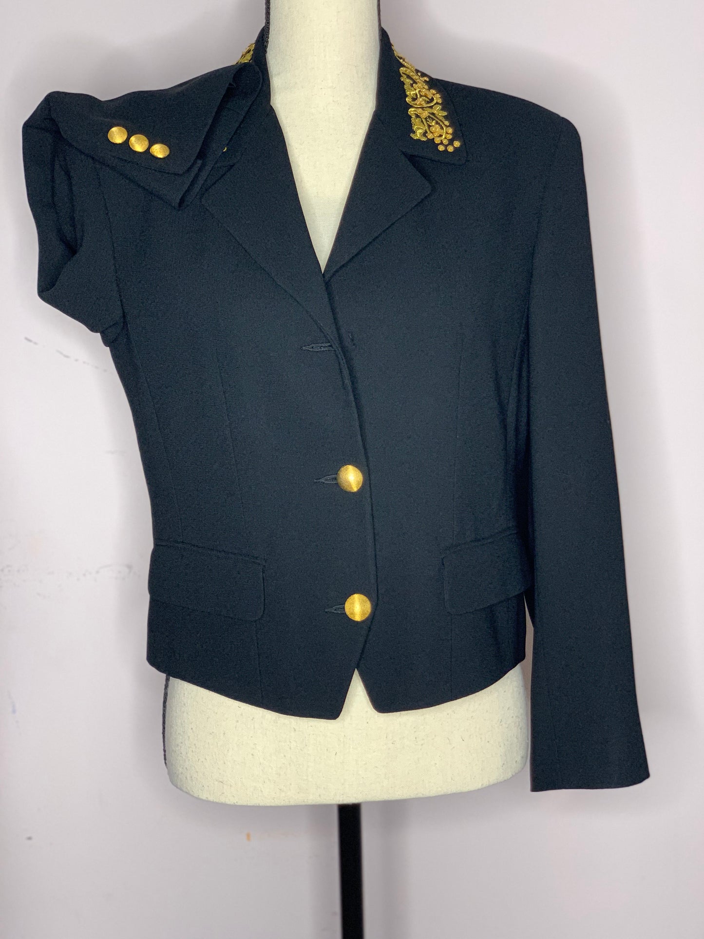 Black Long Sleeve Blazer with Gold Accent Collar and Buttons