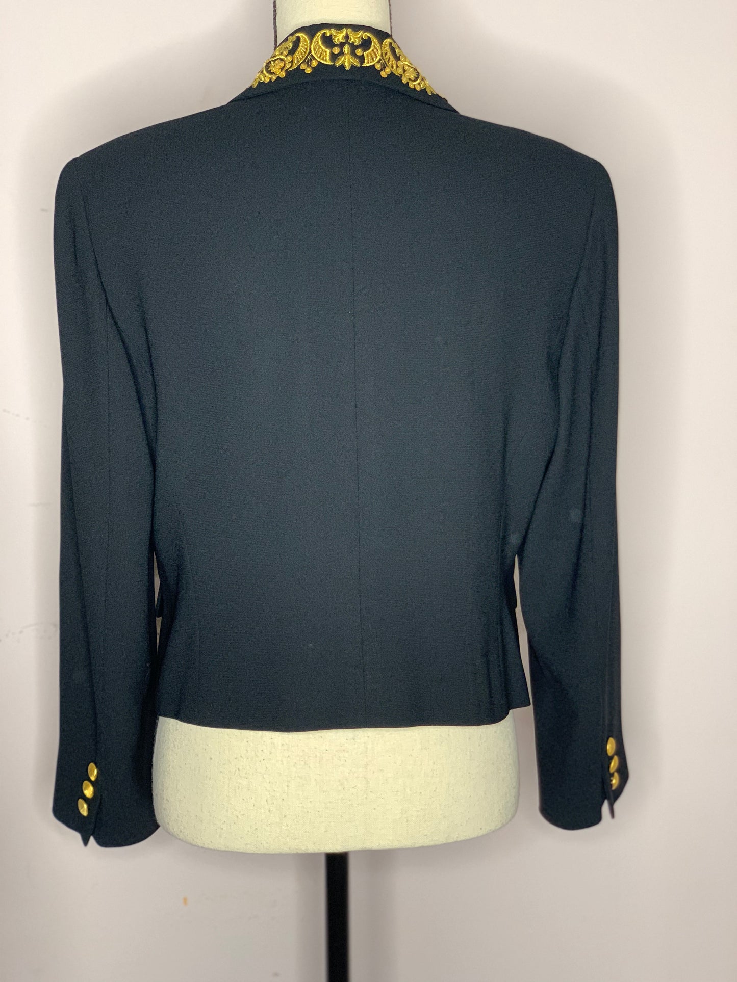Black Long Sleeve Blazer with Gold Accent Collar and Buttons