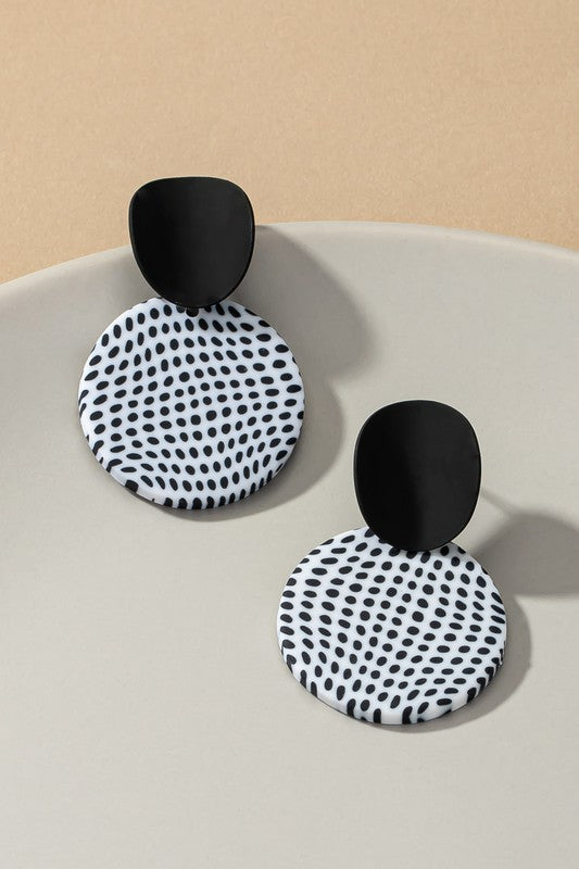 Polymer clay black and white dotted circle drop earrings