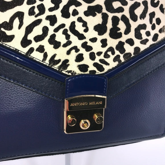 Blue Leather Purse with Cheetah Print Fur (NEW)