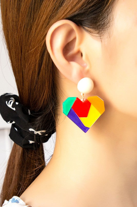 multi-color blocked heart shape drop earrings