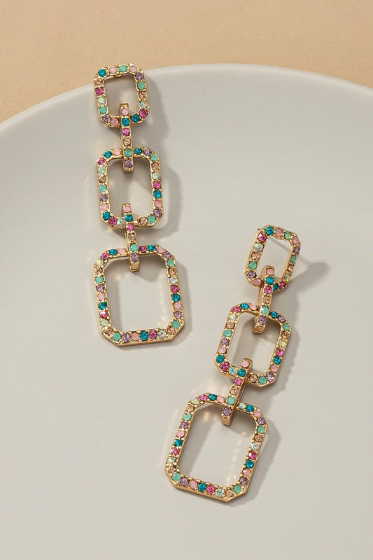 MULTI PASTEL COLOR RHINESTONE PAVED LINKED RECTANGULAR HOOPS EARRINGS