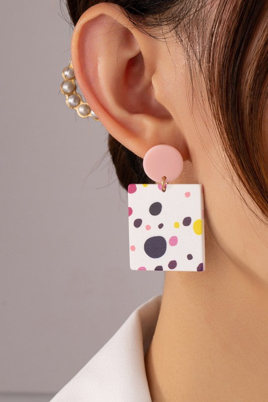Pink tonal pastel dots printed square and round stud drop earrings