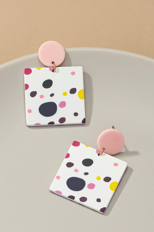 Pink tonal pastel dots printed square and round stud drop earrings