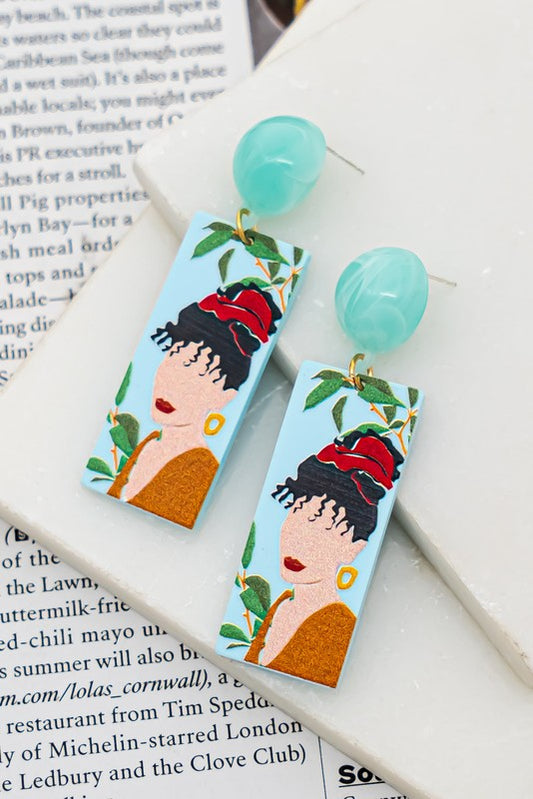 teal rectangle shape acrylic drop earrings with woman's portrait